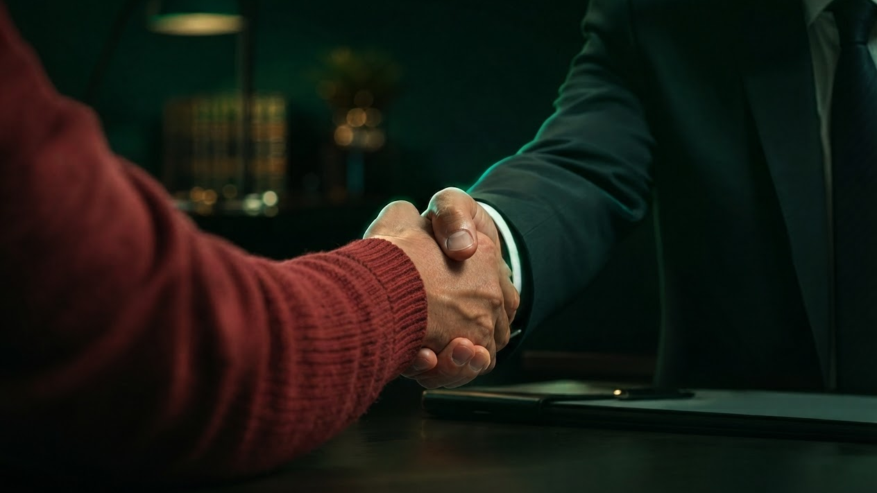 Aperto de mãos entre cliente e advogado